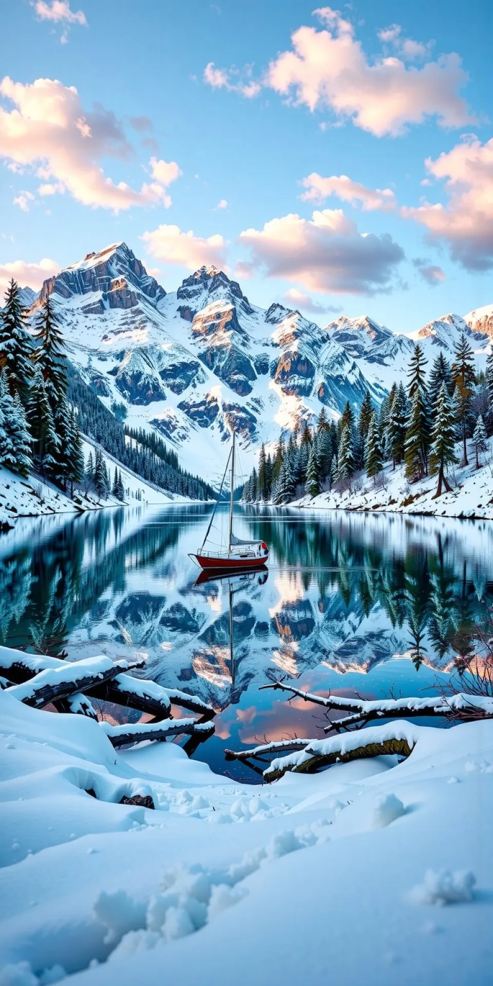 雪山湖泊与孤舟倒影