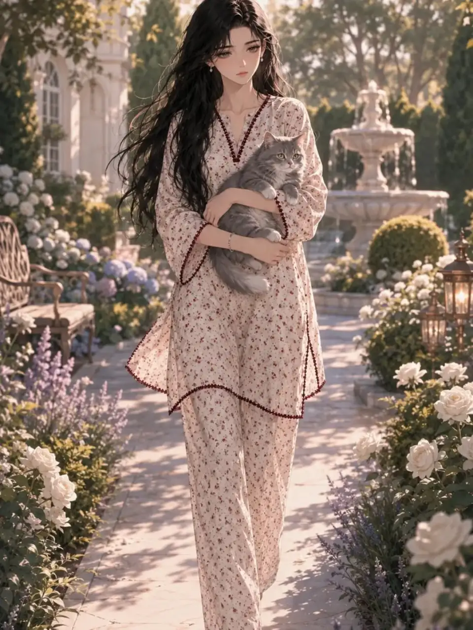 花园小径抱猫少女