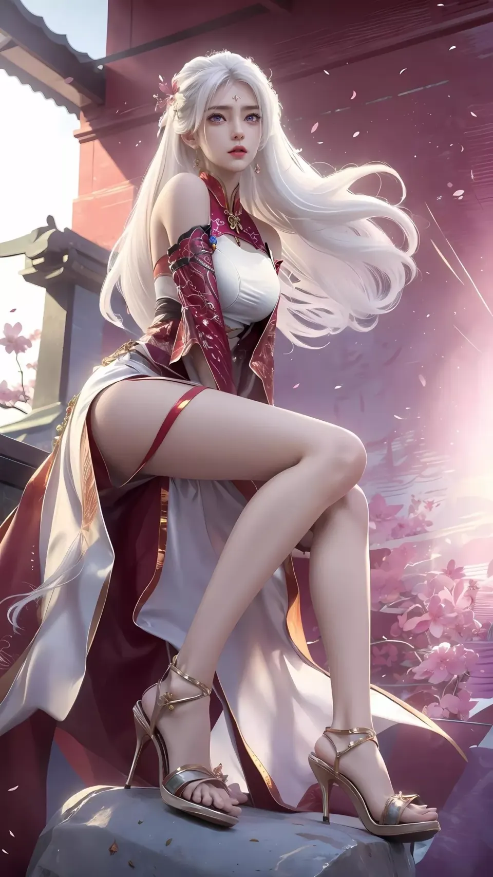 樱花帘幕中的白发舞者