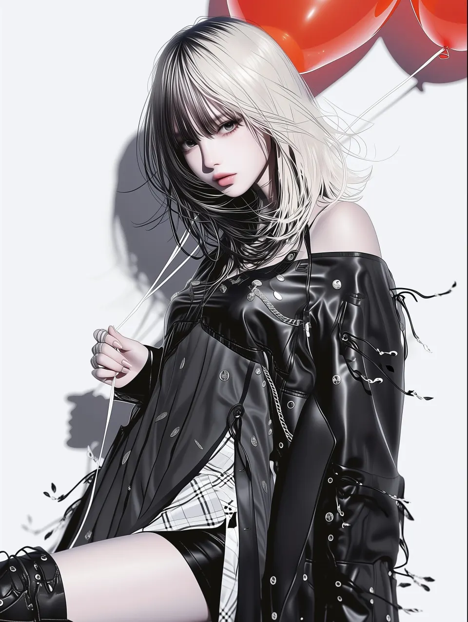 持红气球的哥特风银发少女