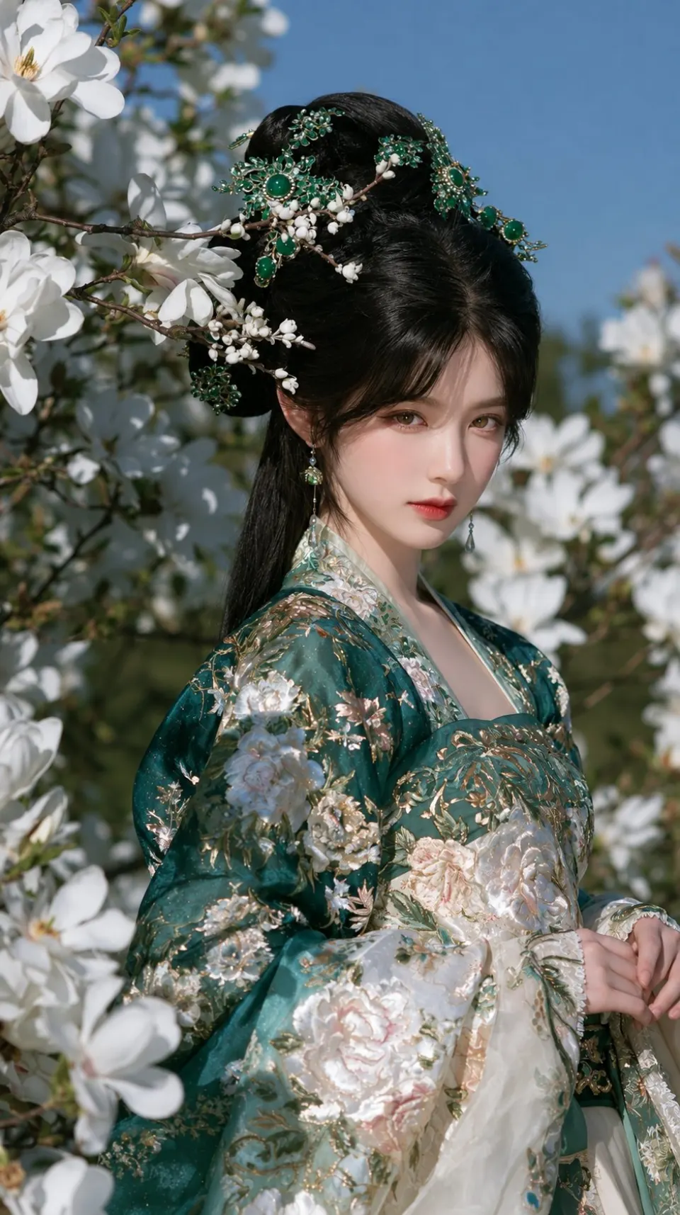 玉石发饰与玉兰花间的女子