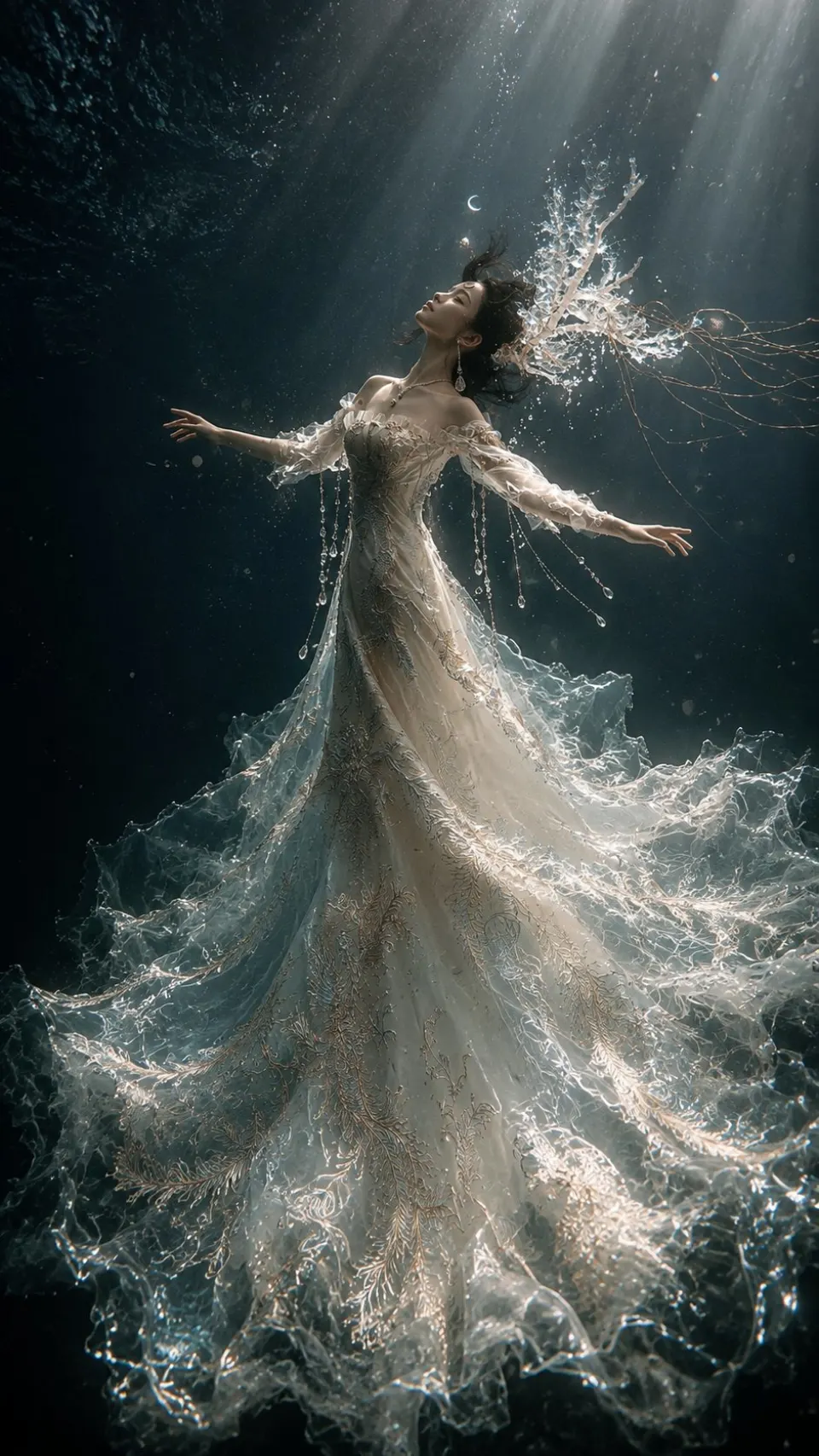 水下月光中的银色幻想女子