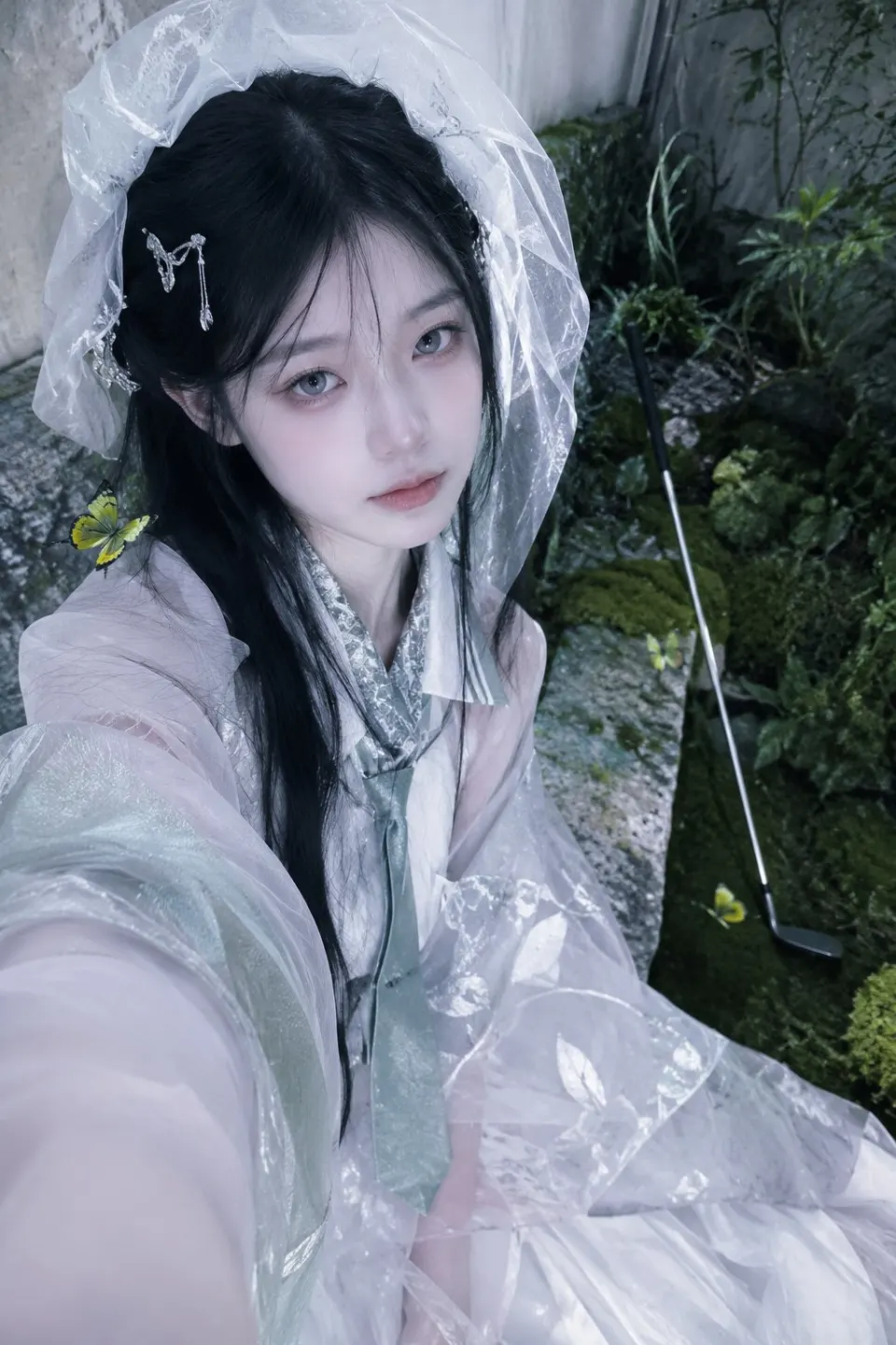 苔藓花园中的清冷汉服少女