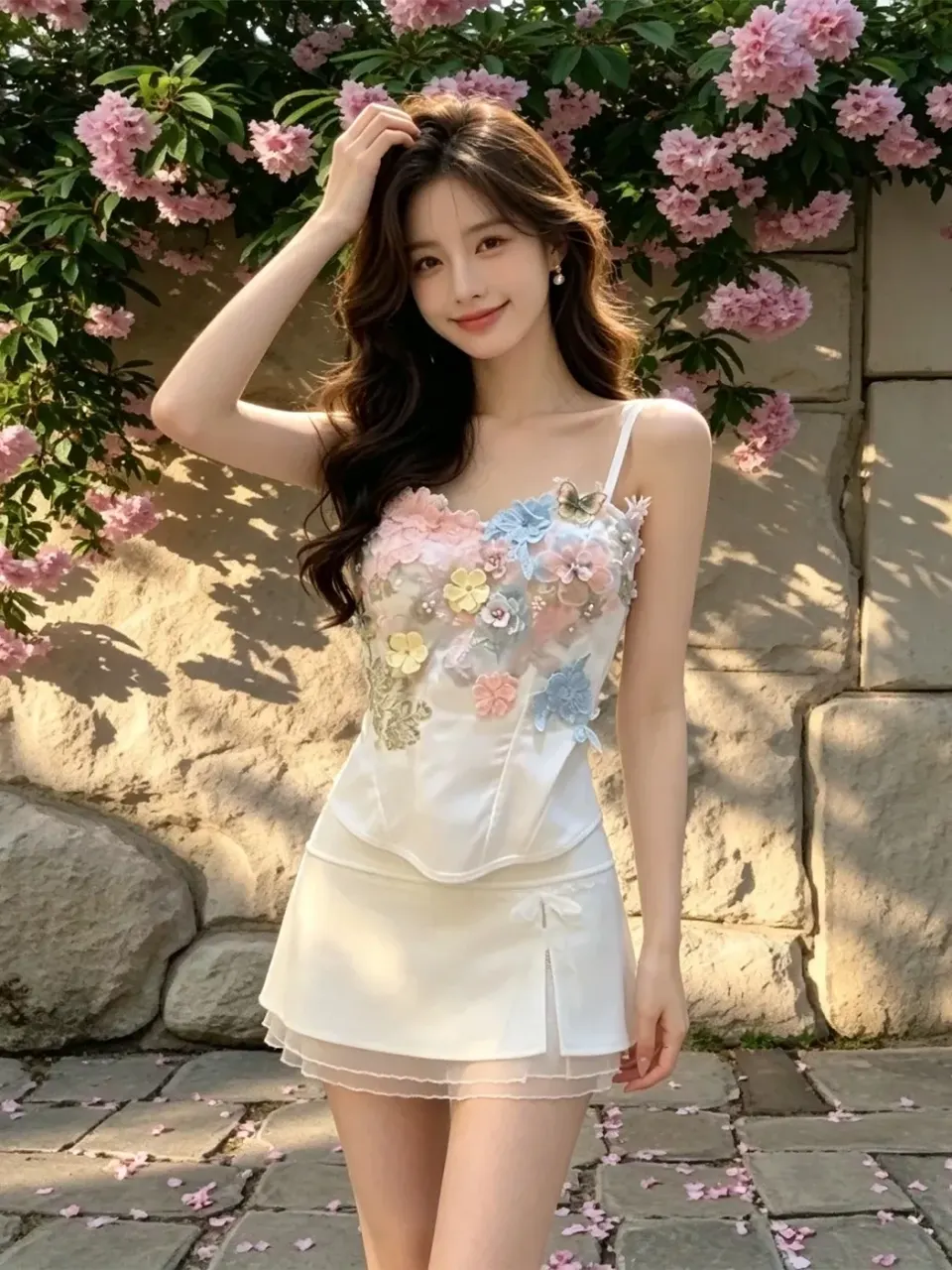 石墙花丛前的立体花朵吊带裙少女