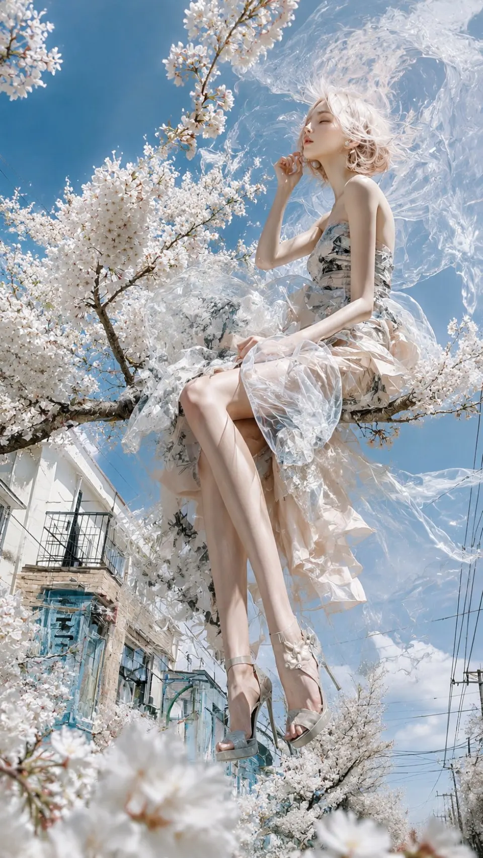 樱花树梢的透明纱裙少女