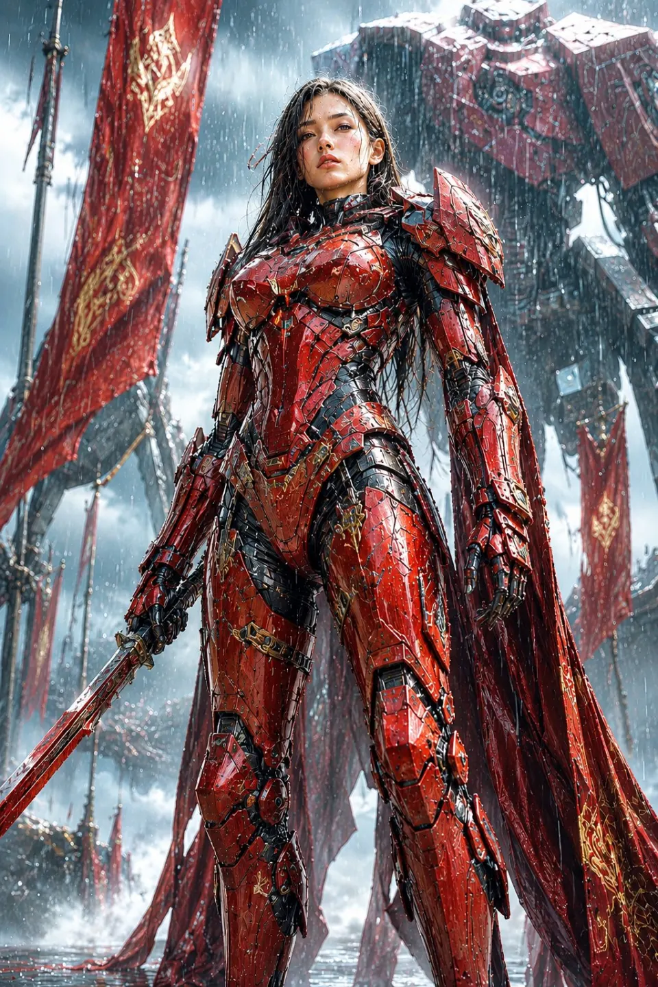 雨中赤甲女战士