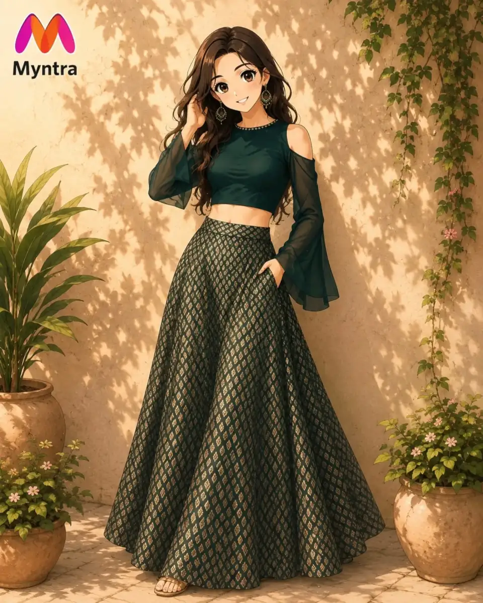 深绿几何纹样露肩 lehenga 动漫时尚插画