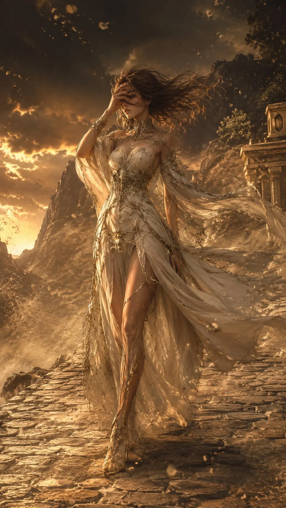 暮光废墟中的金纱女神