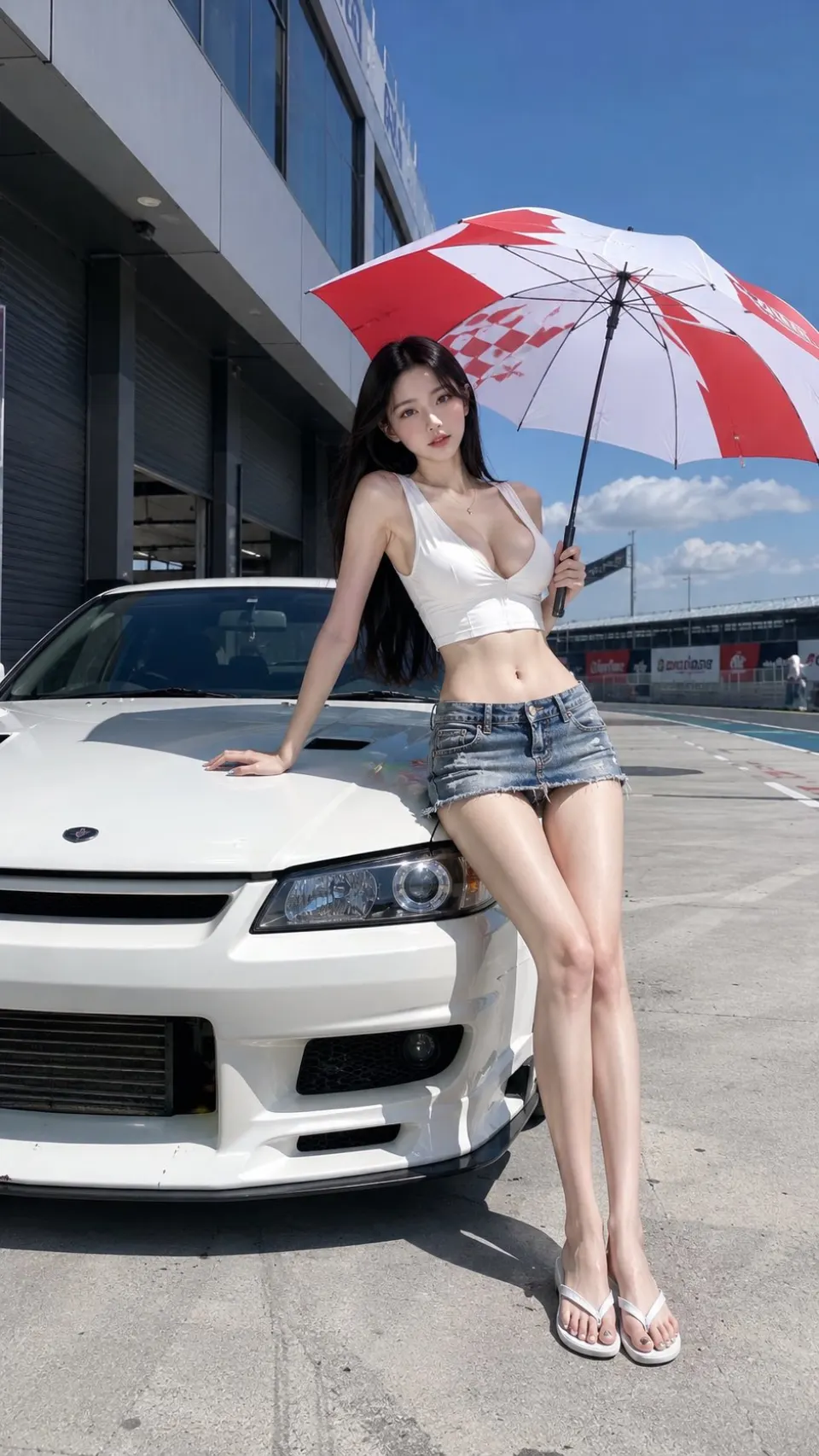 赛道旁的白裙少女与跑车
