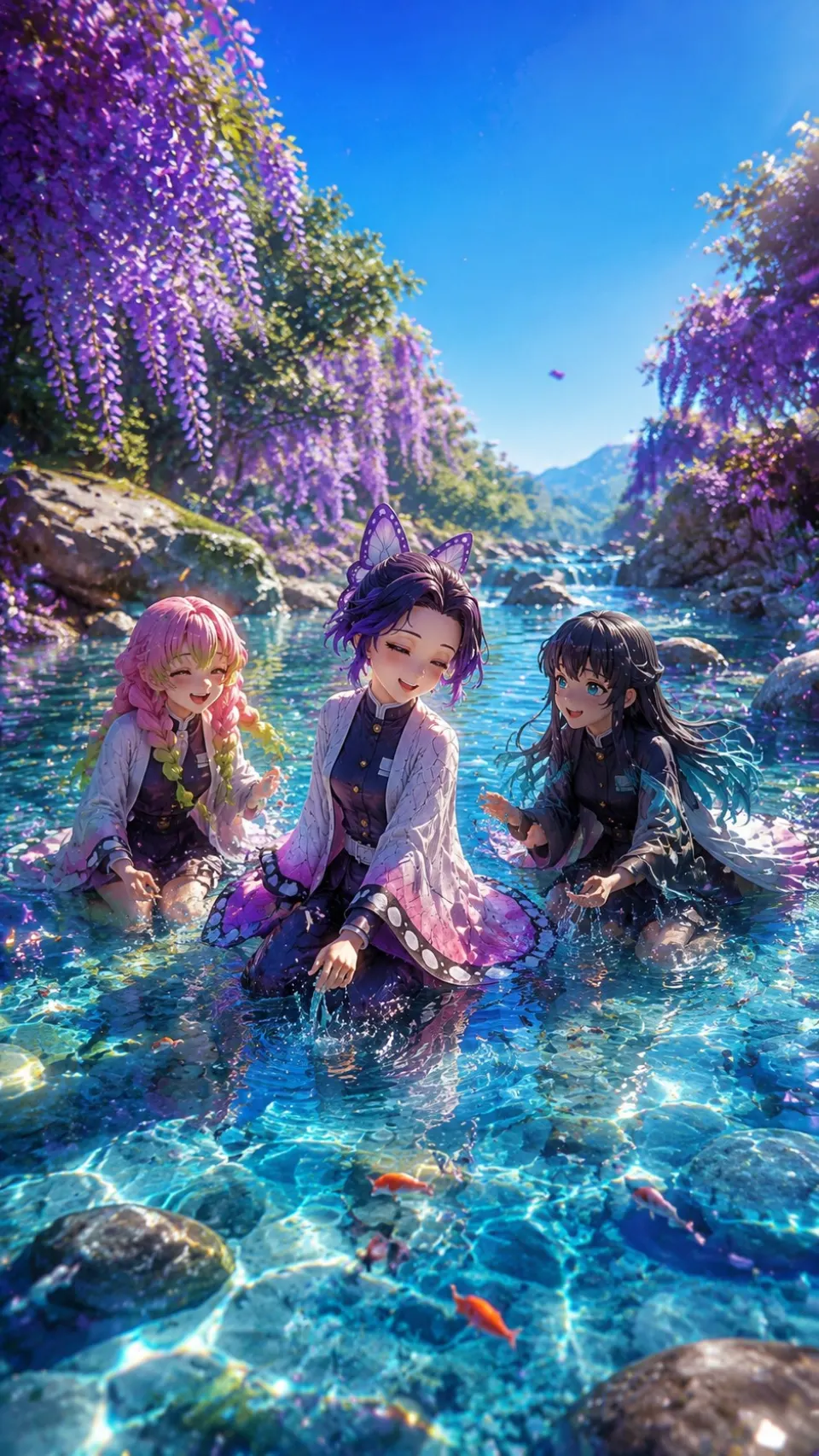 紫藤花溪边的少女