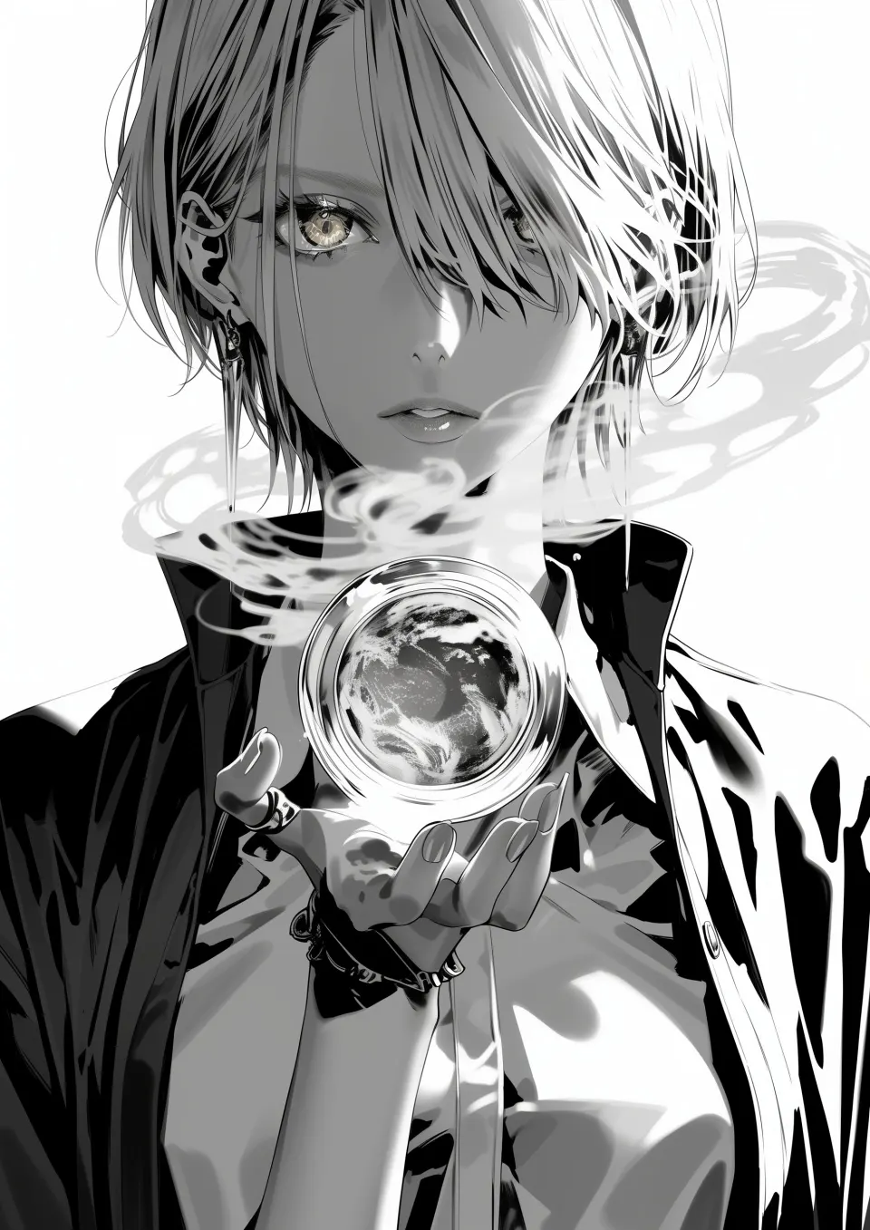 掌中世界：黑白动漫少女插画