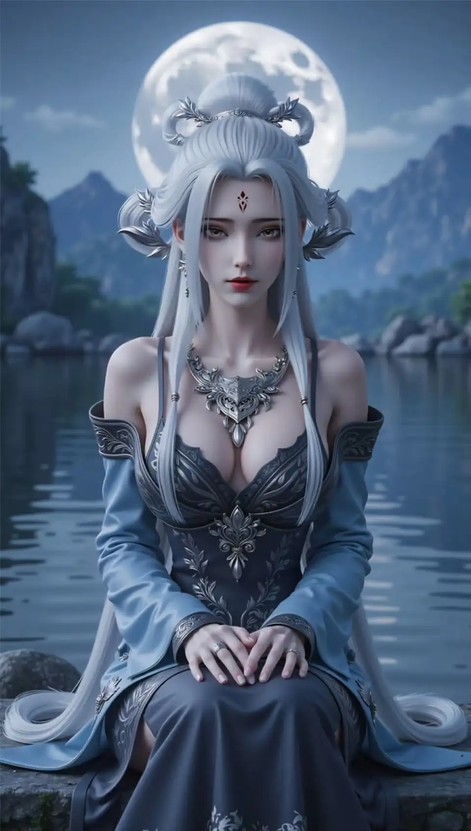 月夜湖畔银发古风女子