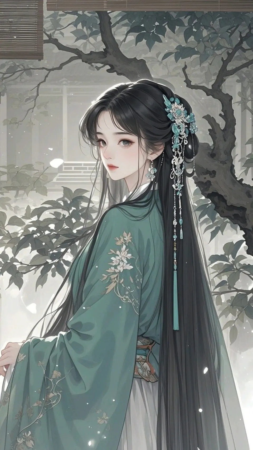 青绿汉服古风少女插画