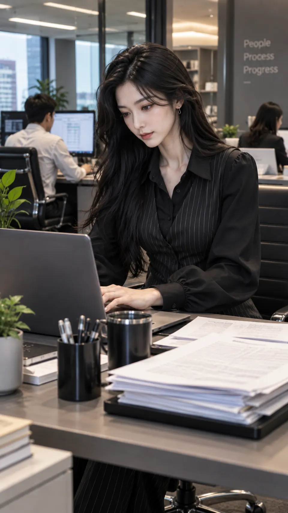 办公室中的黑衣女性