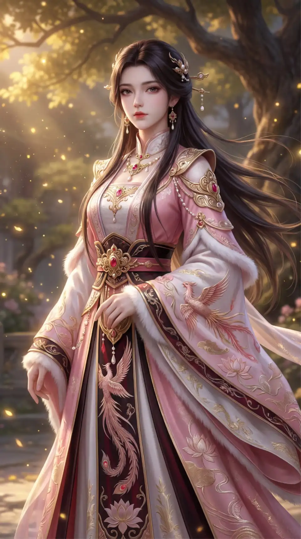 落日树林中的粉衣女子