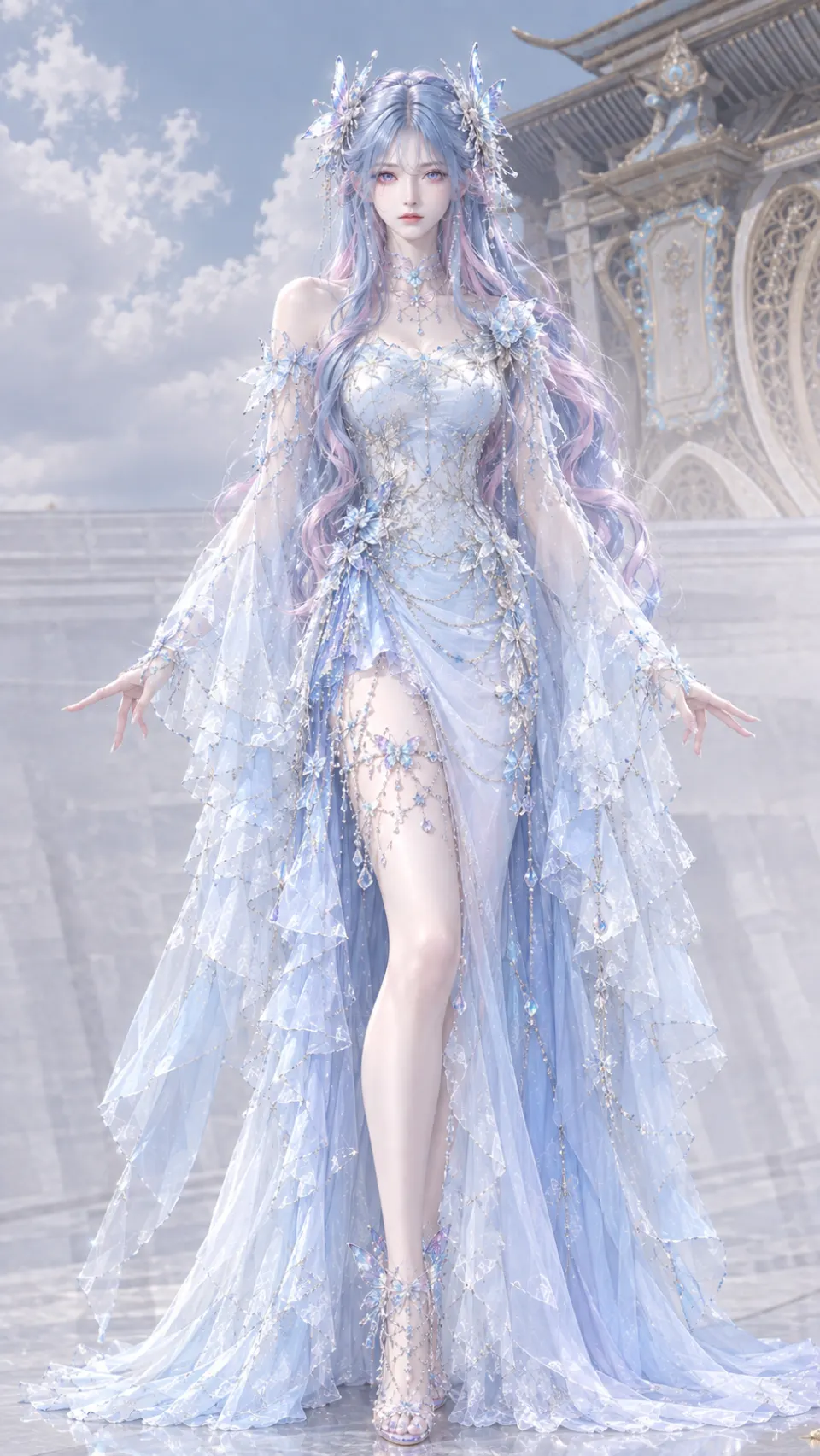 奇幻女性角色：冰蓝长发、透明层叠礼服的成年女性角色。