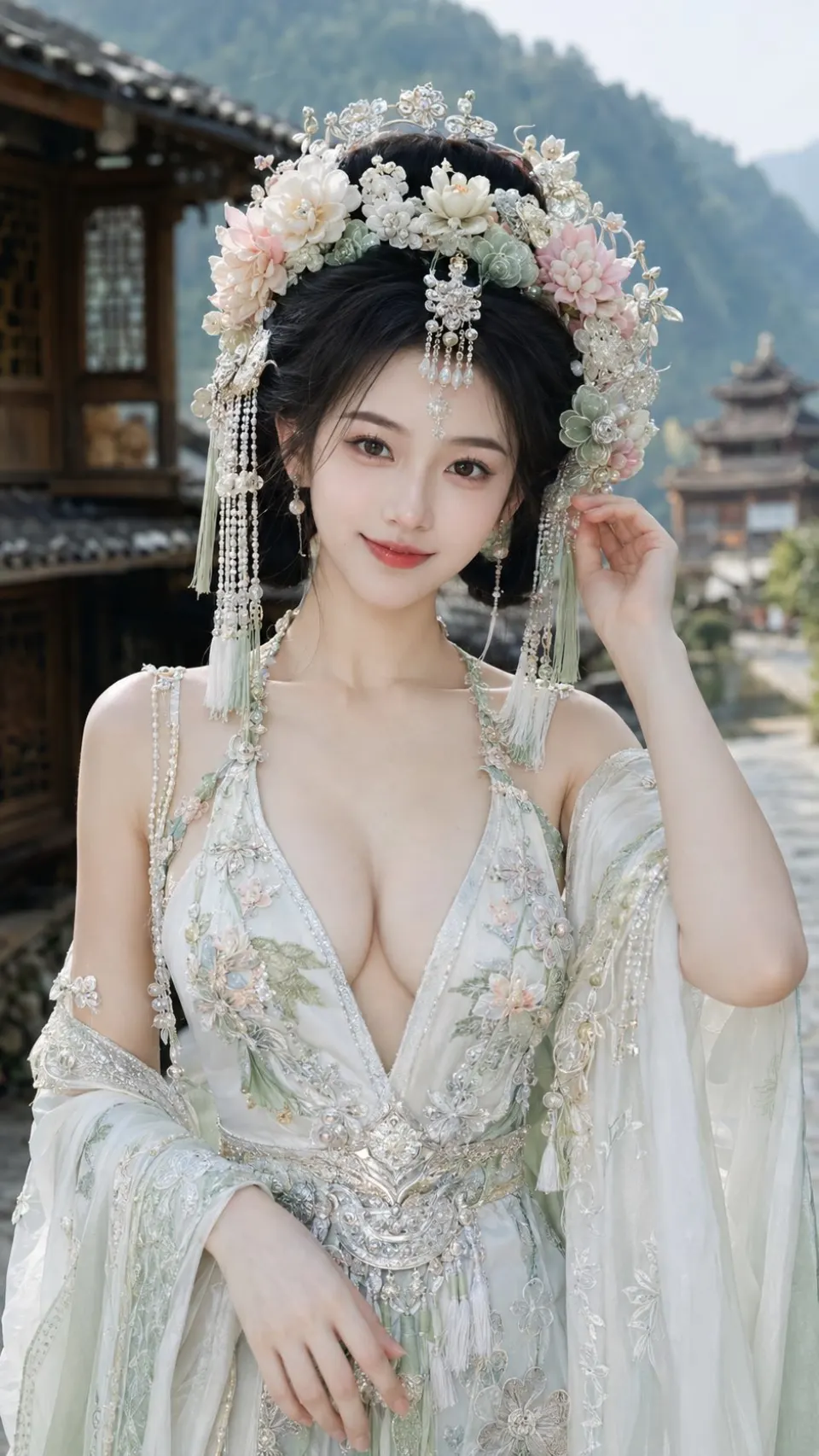 古镇花冠汉服少女