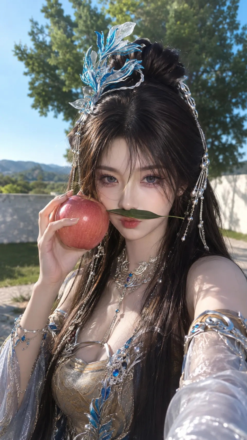 红苹果与黑发奇幻女子