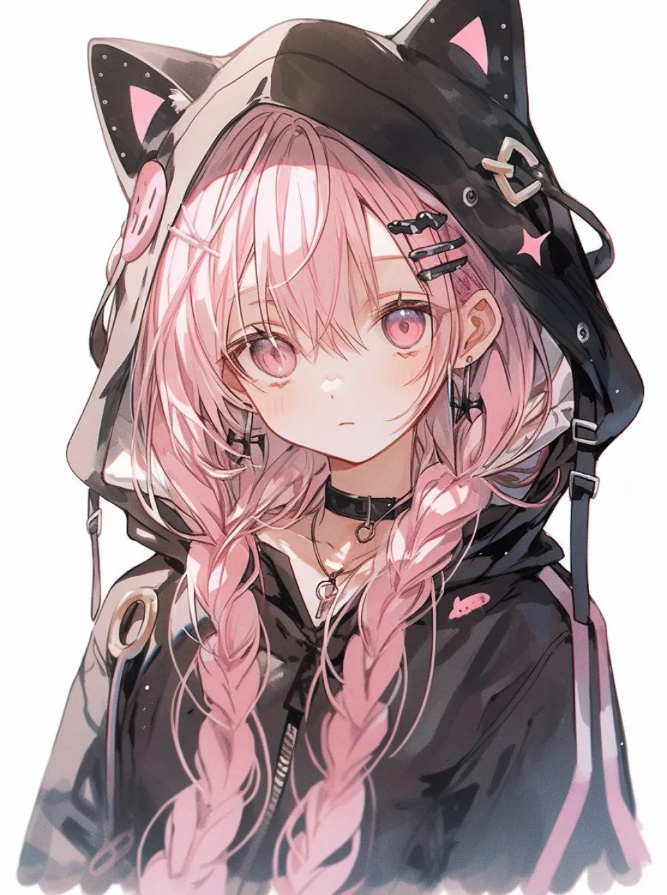 粉发猫耳兜帽少女插画