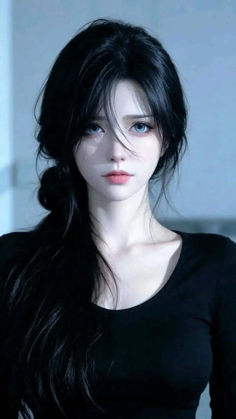蓝眸黑发少女肖像