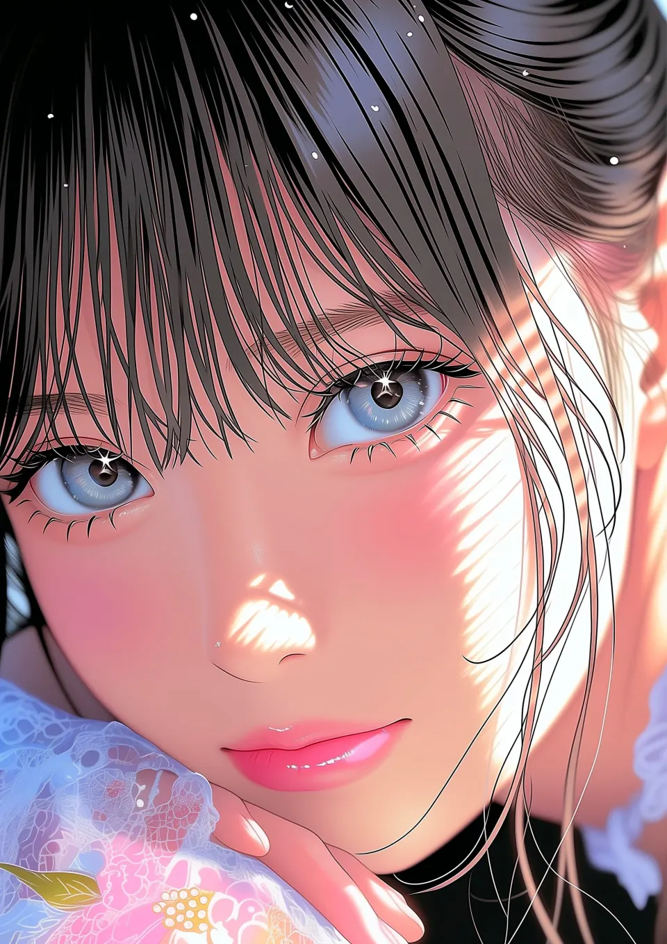 光影下的蓝眸少女特写