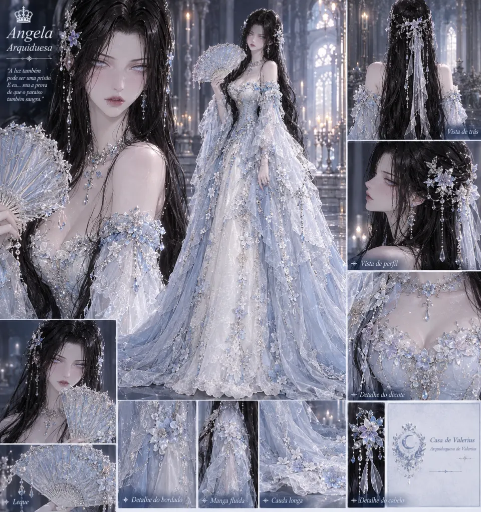 奇幻女性角色：蓝白礼服角色的多视角服装设定板。