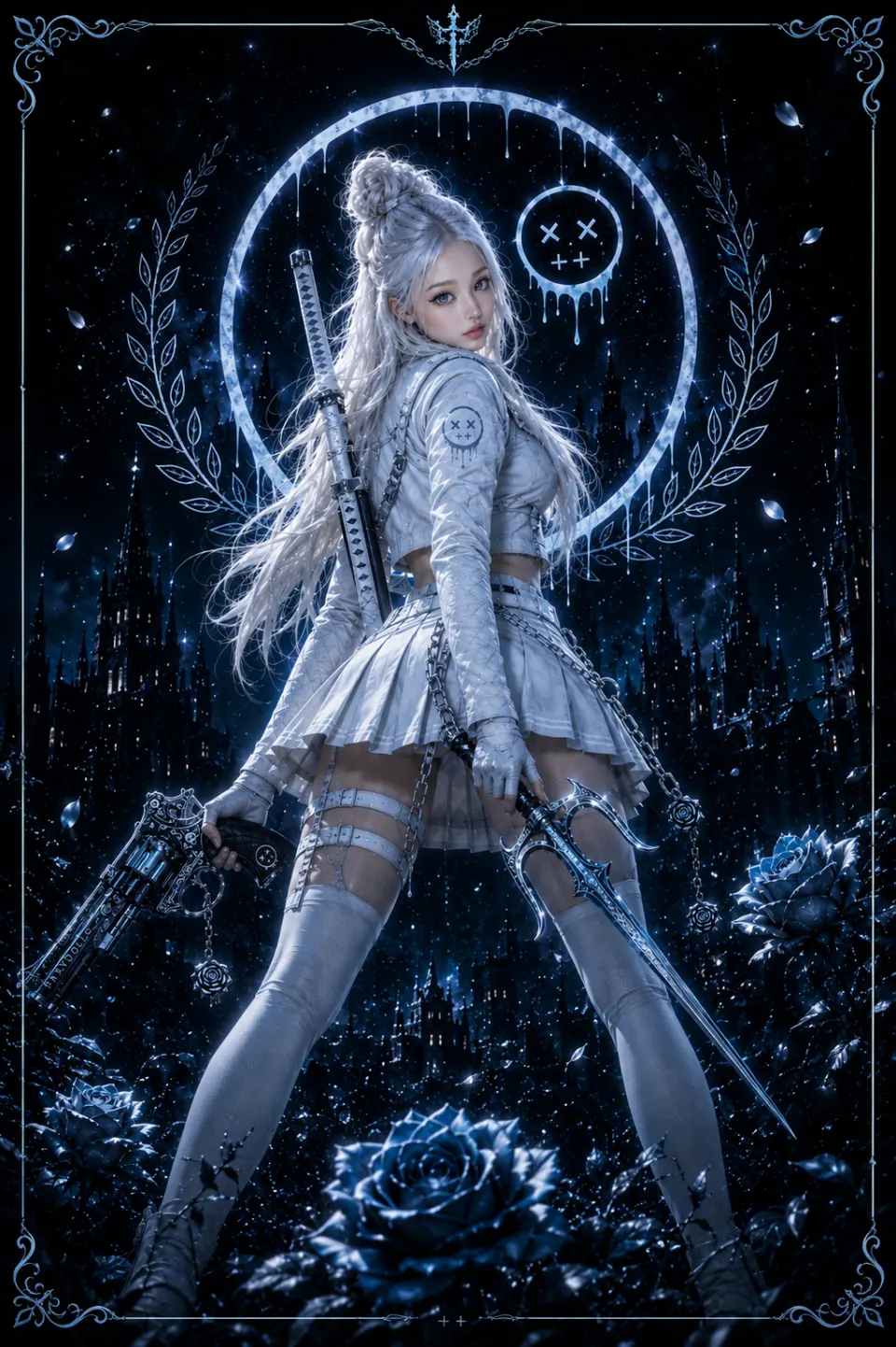 暗夜哥特白发少女与双武