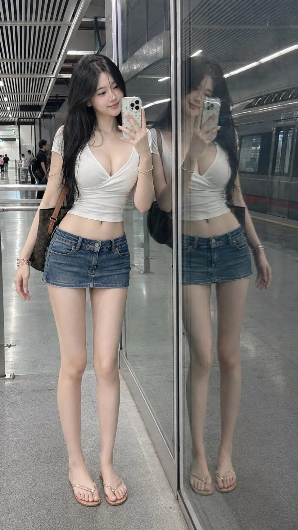 地铁站玻璃幕墙前的白色上衣牛仔裙少女