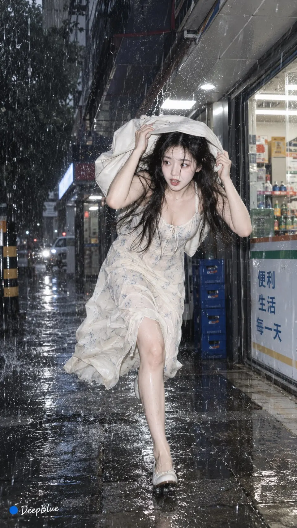 雨夜便利店前的奔跑瞬间