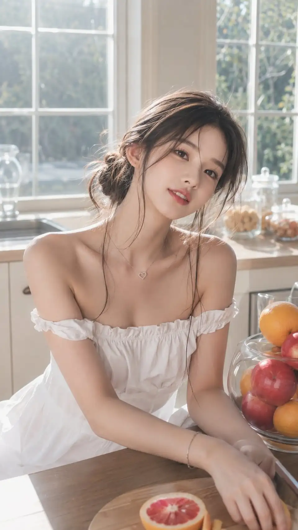 厨房窗边白裙女子