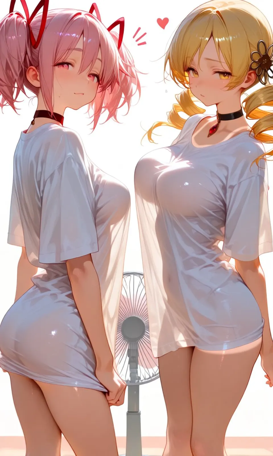 夏日风扇前的白T恤少女