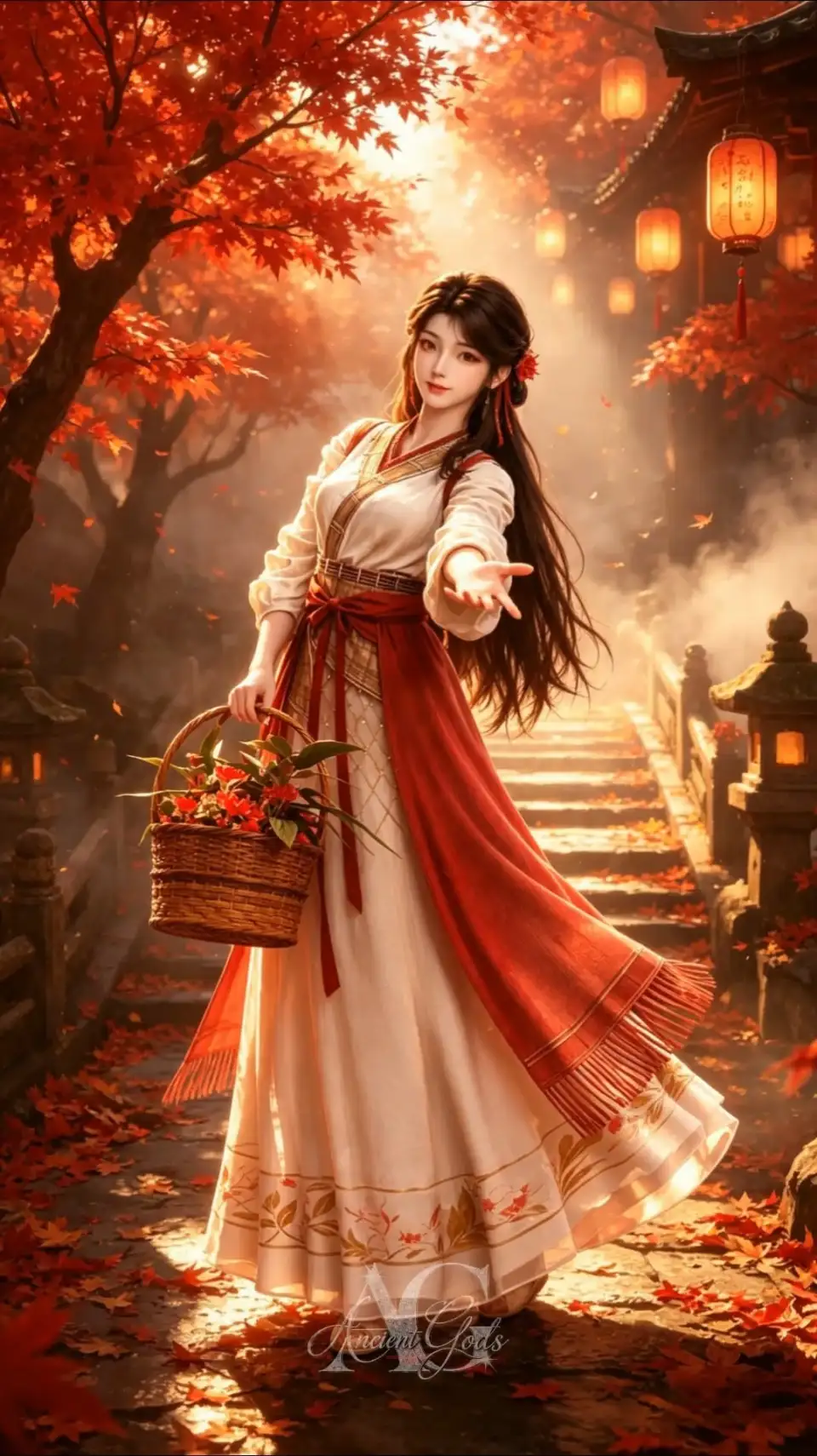 秋日红枫下的古风仕女