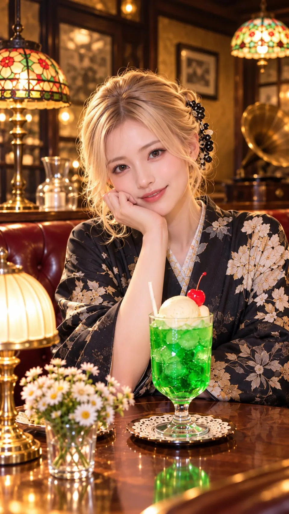 复古酒吧里的黑色花卉浴衣