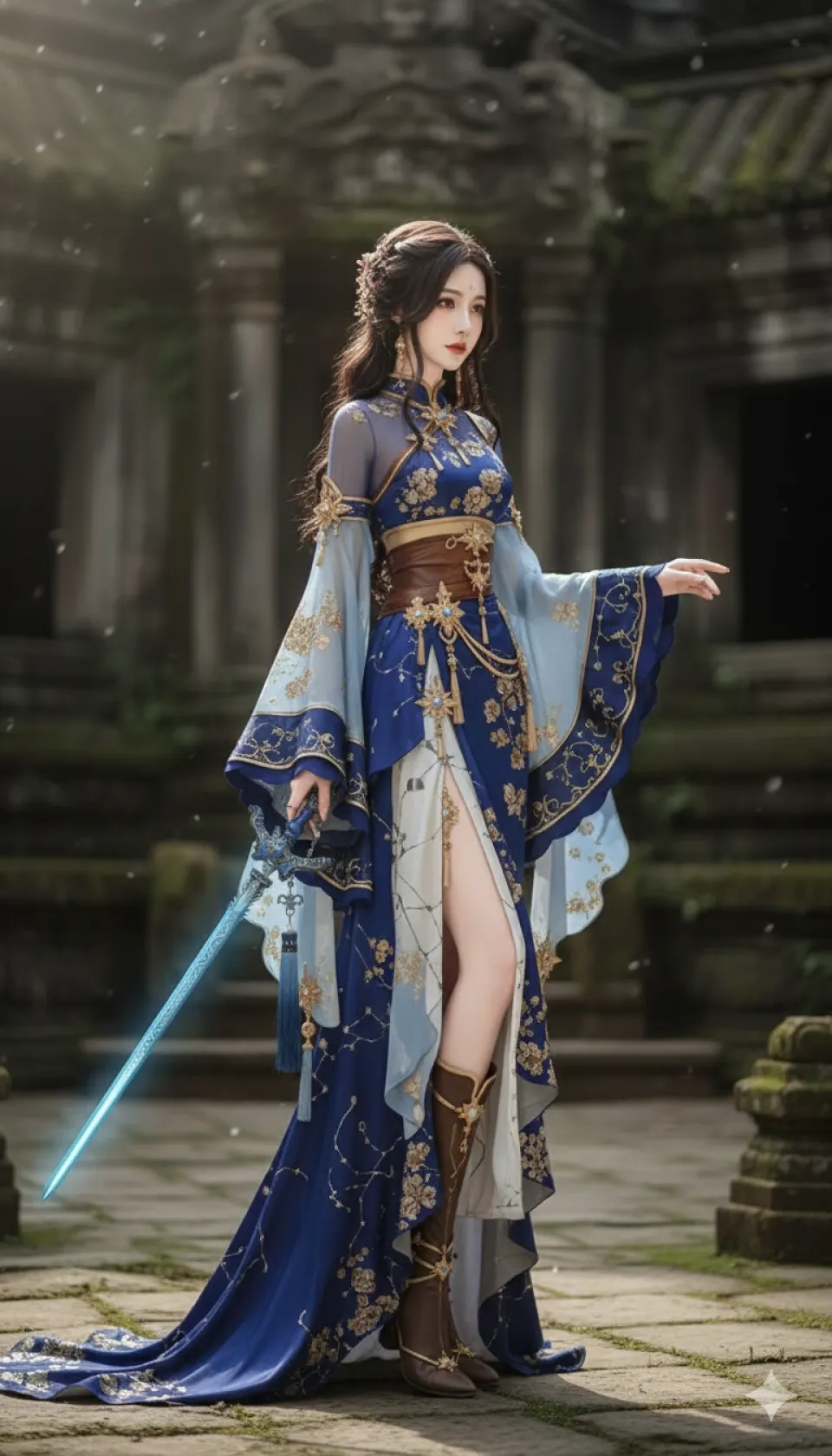 蓝衣持剑古风女侠