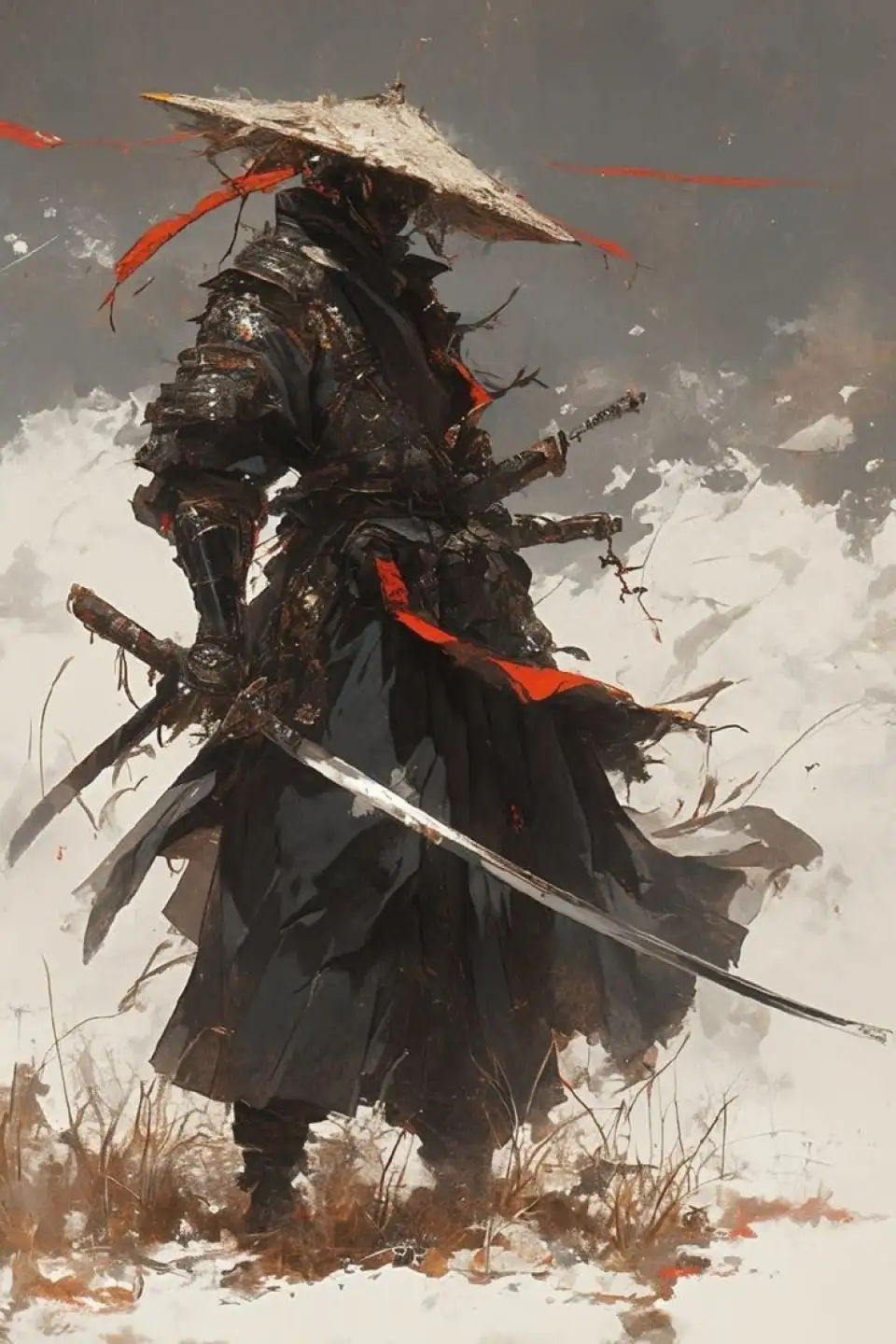 武侠概念插画：雪地中的斗笠剑客