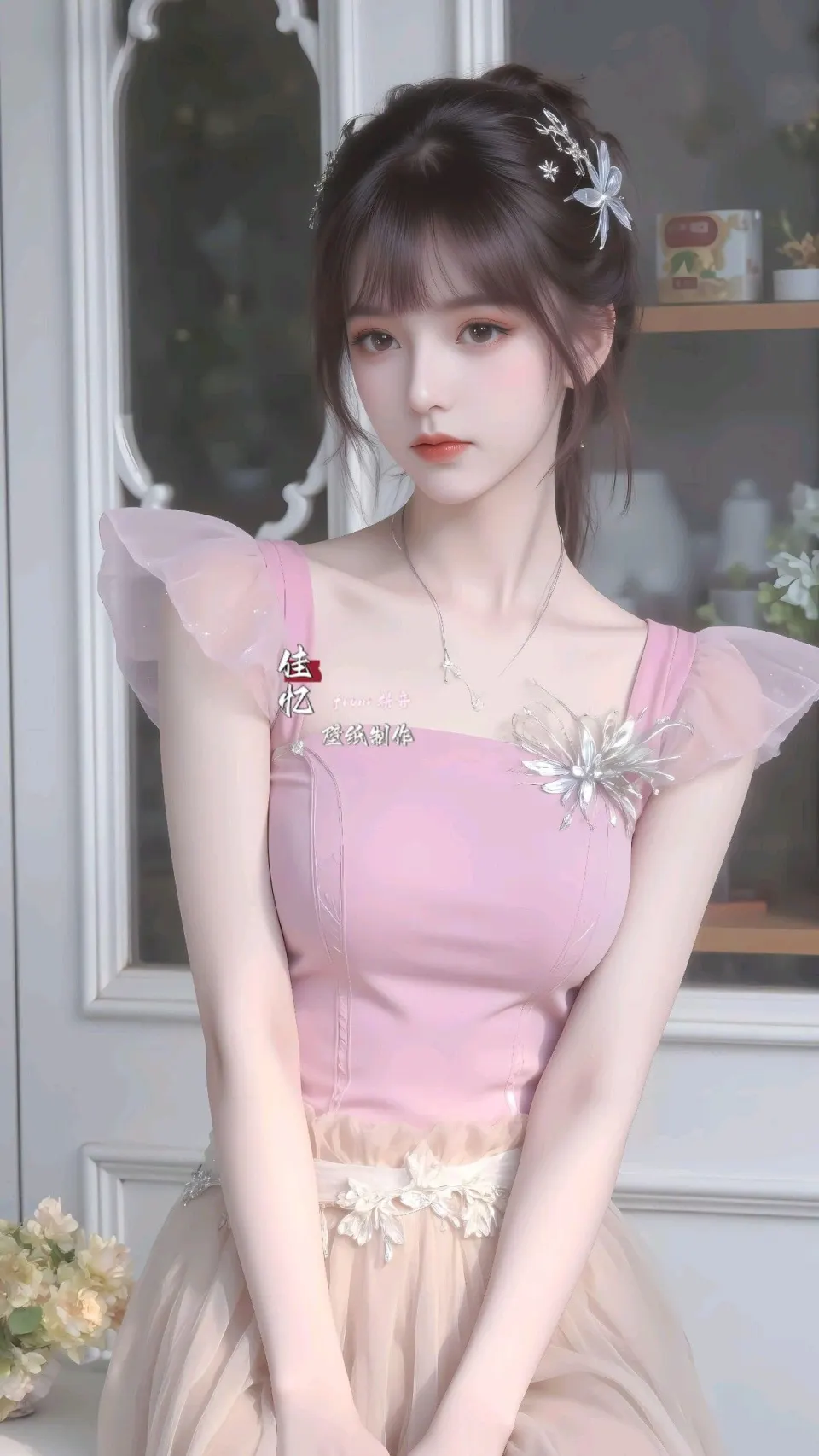 粉色纱裙少女室内写真