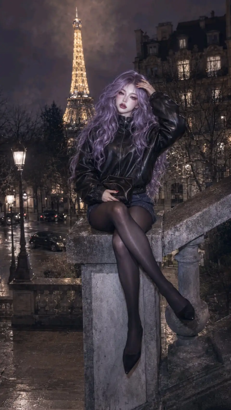 巴黎夜色下的紫发皮衣少女