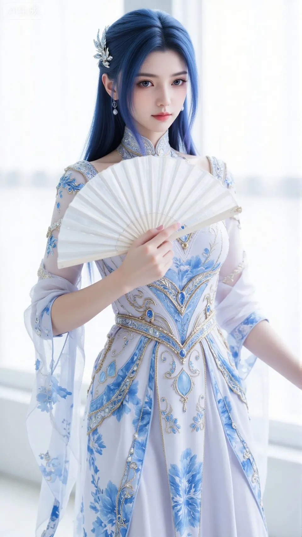 蓝发古风持扇少女