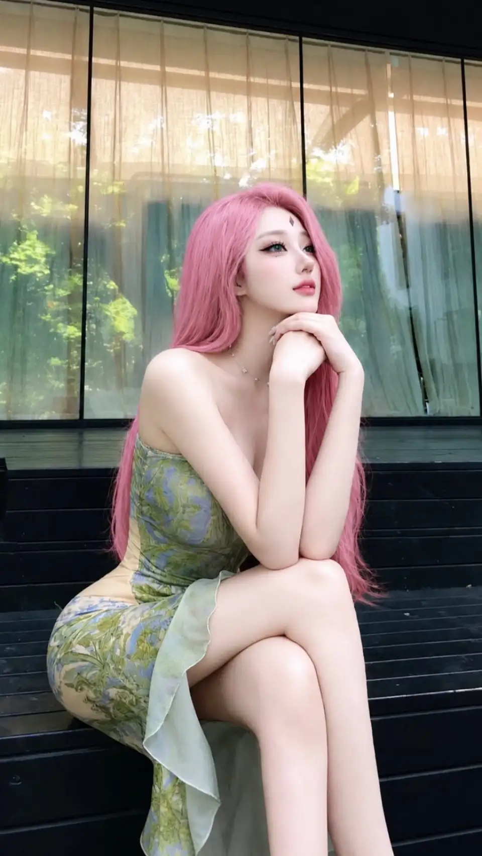 粉发少女台阶写真