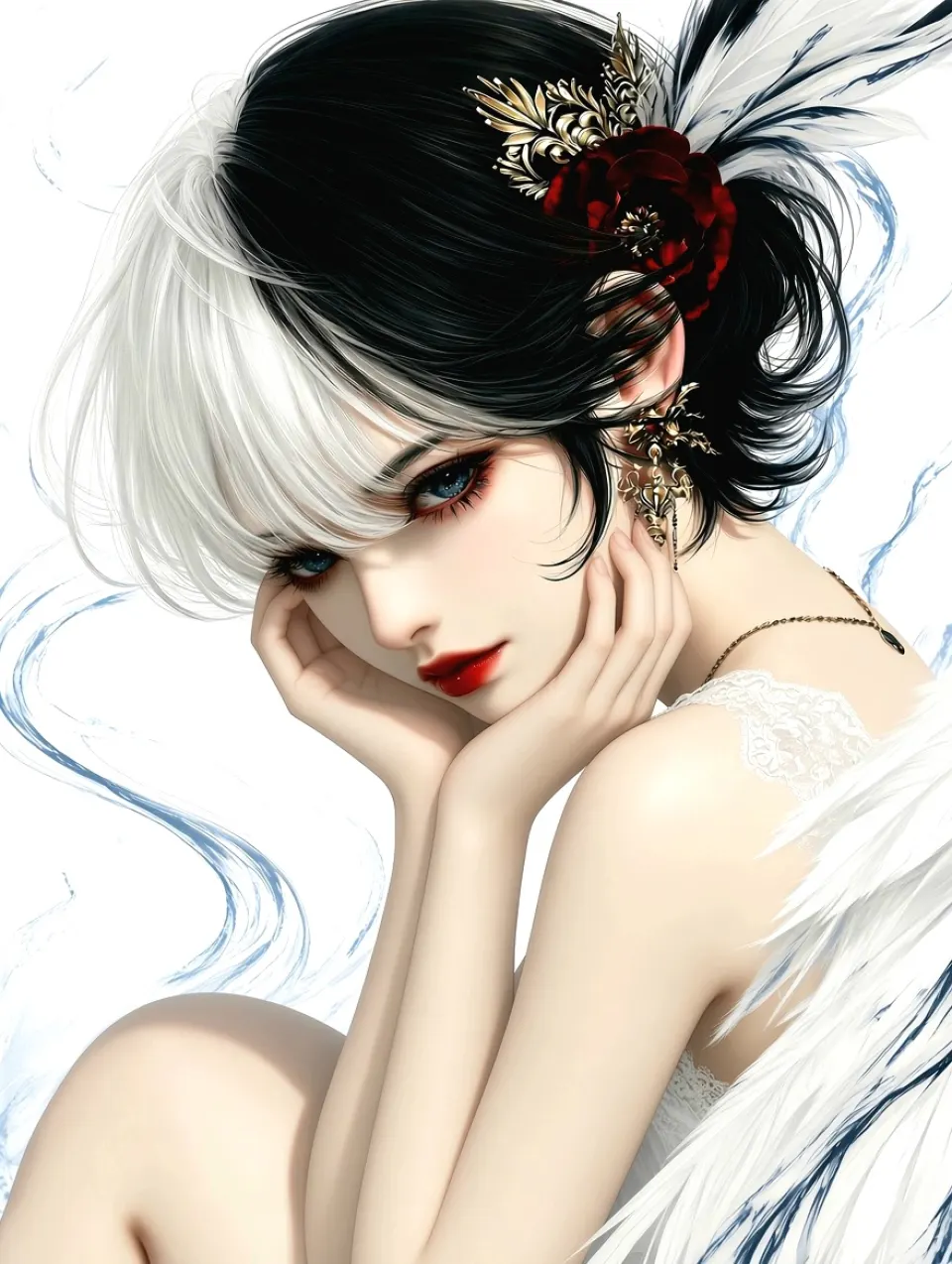 黑白双色发饰少女插画