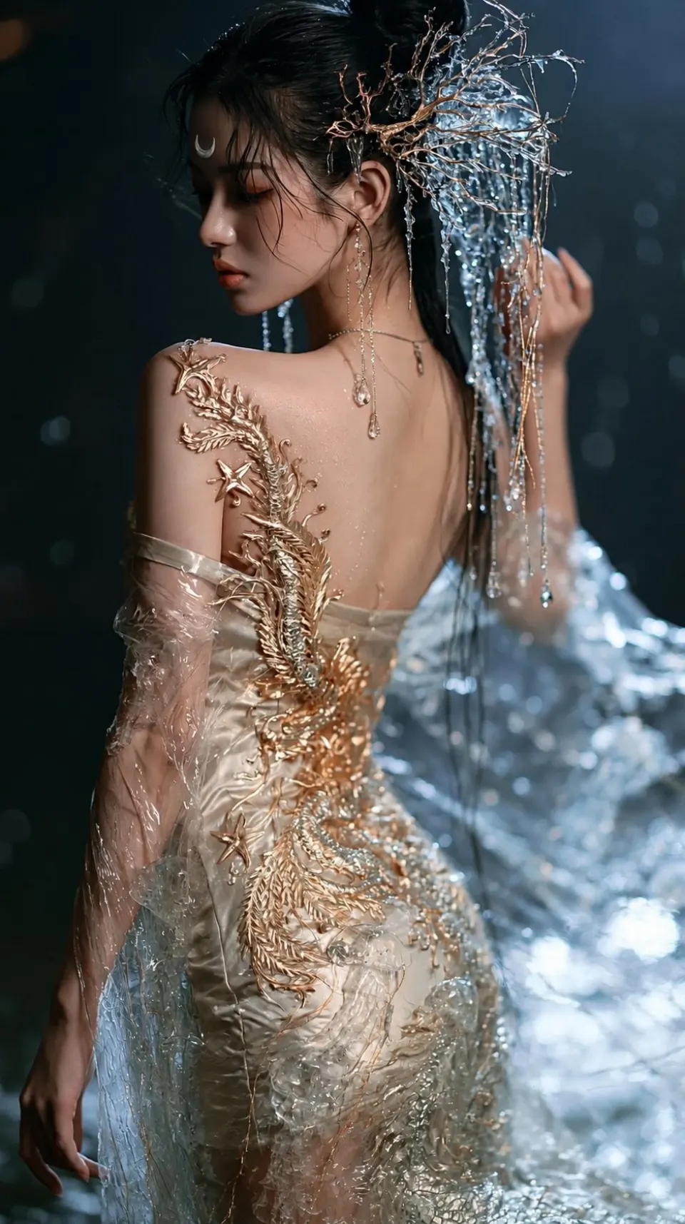 水下月光中的银色幻想女子