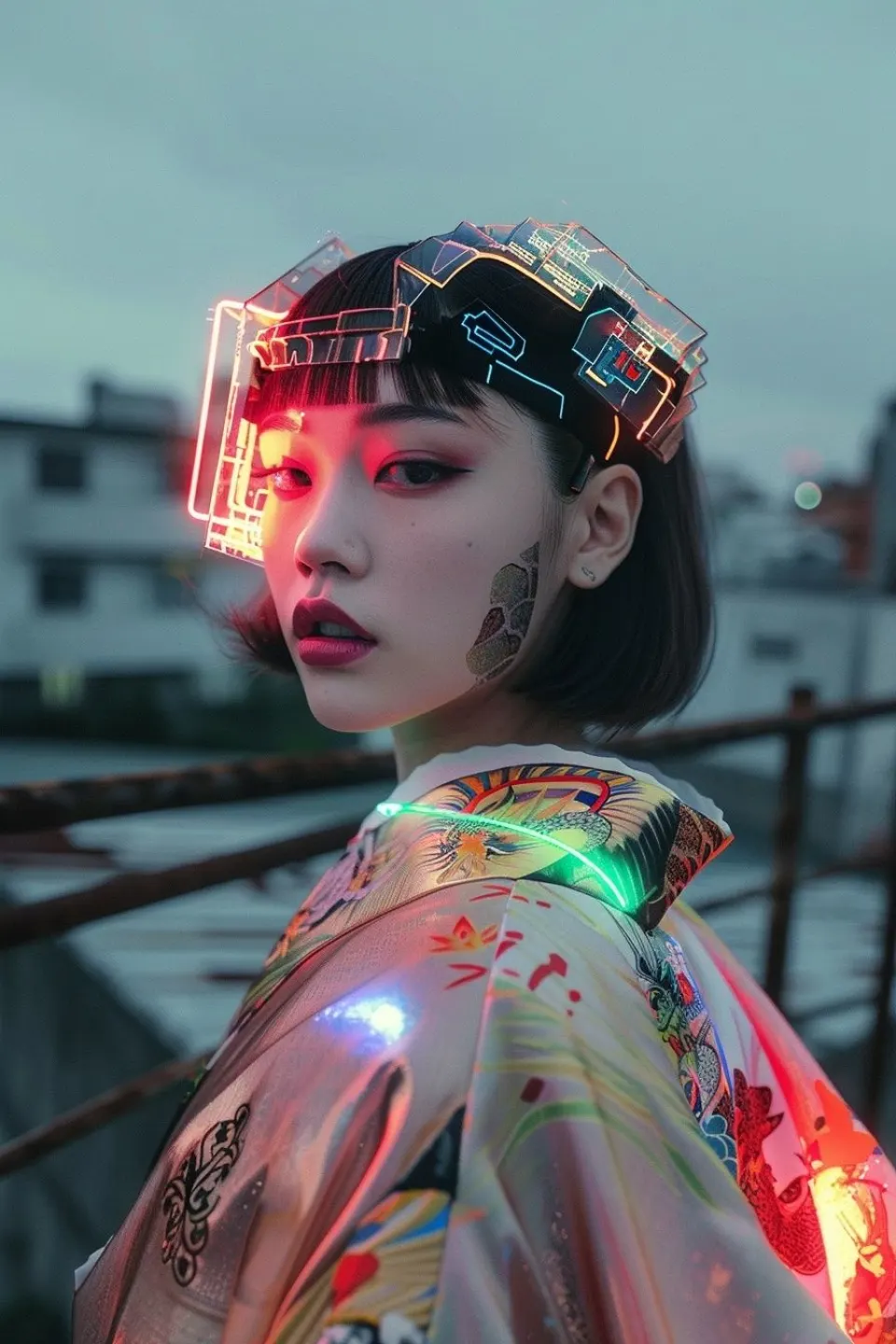 屋顶暮色中的霓虹刺青女孩